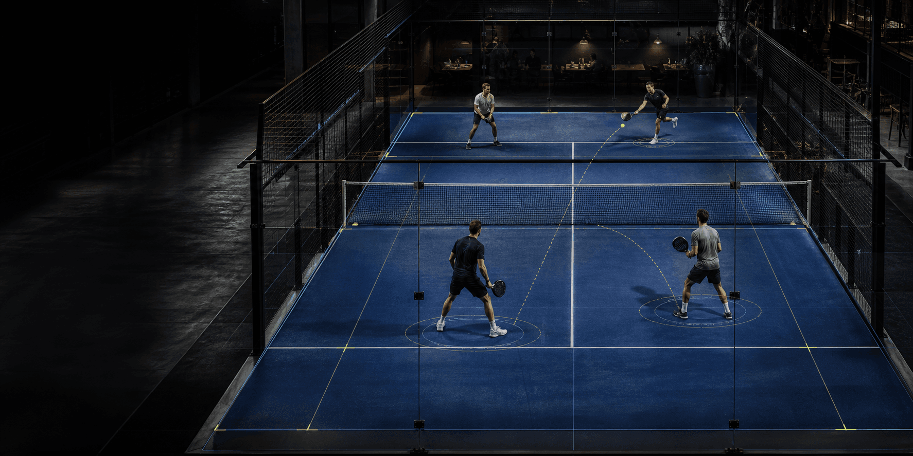 Padel court with subtle Padel Lab match intelligence overlays